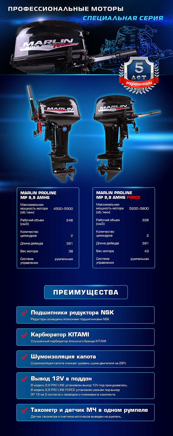 Лодочный мотор MARLIN PROLINE MP 9.9 (20) AMHS FORCE в Геленджике